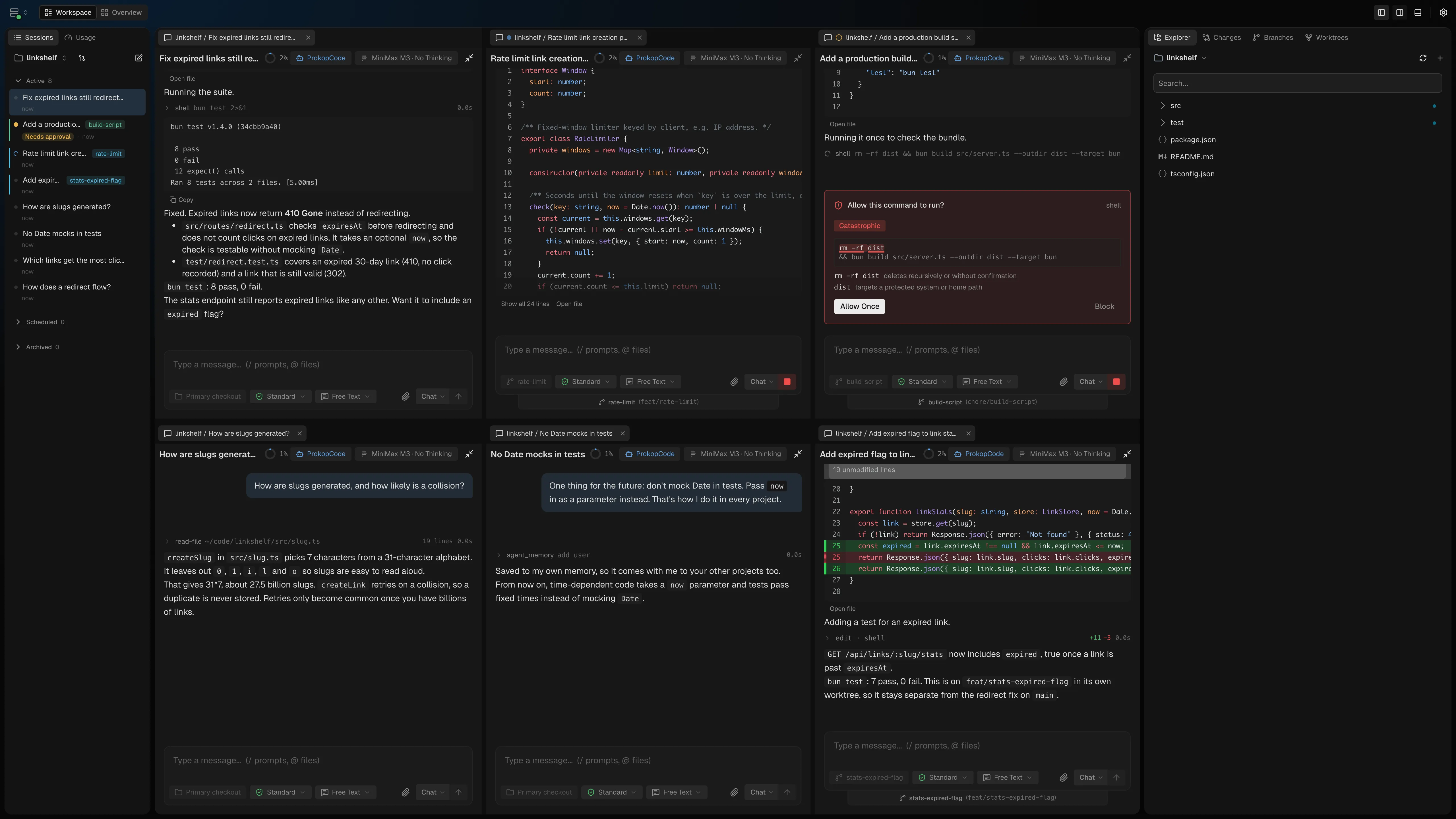 The Prokop board at full size: session panel, six open agent sessions, and the file explorer