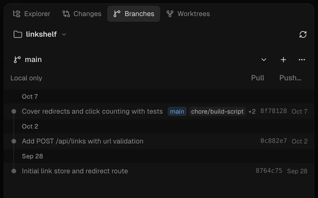The Branches panel with the current branch and its commit history