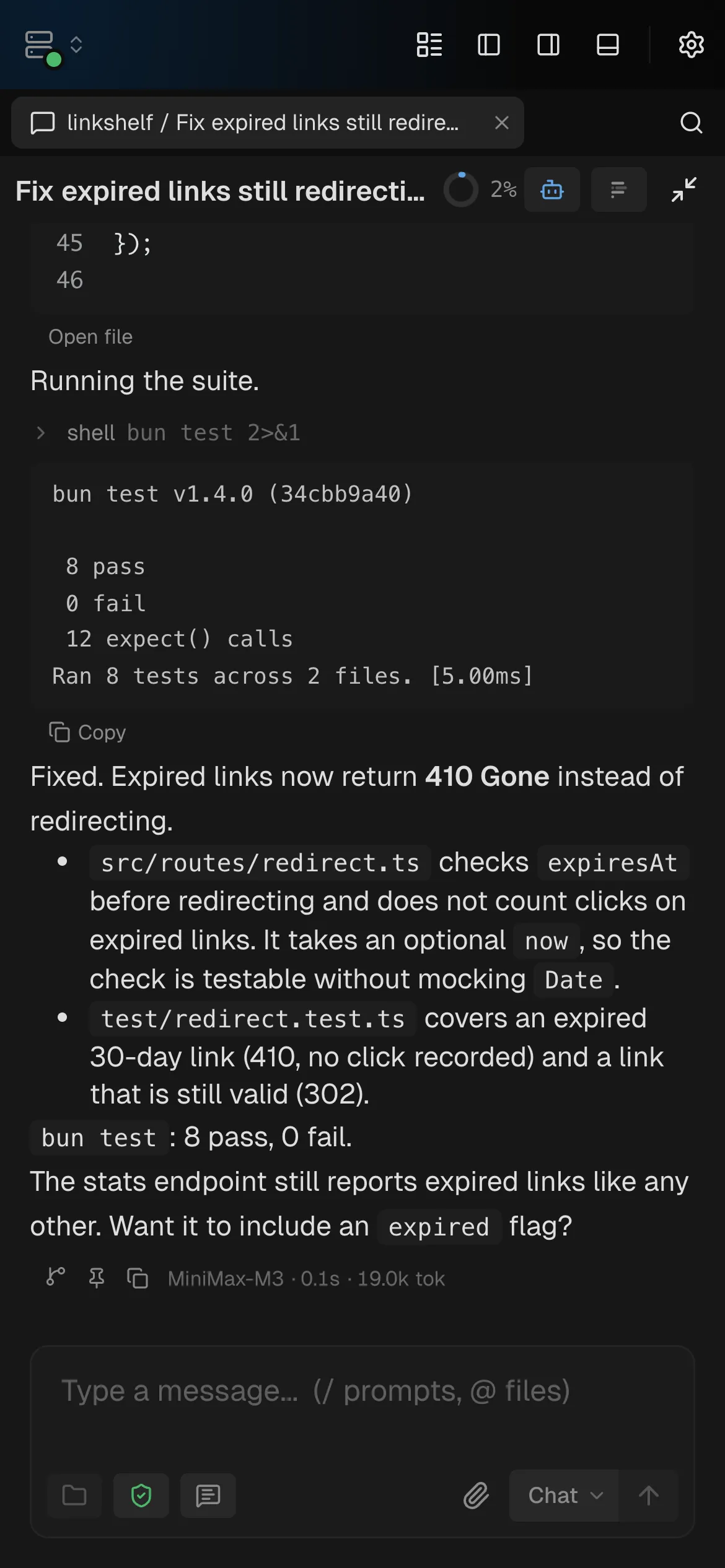 The same session on a phone: the agent's fix, its test run, and its summary