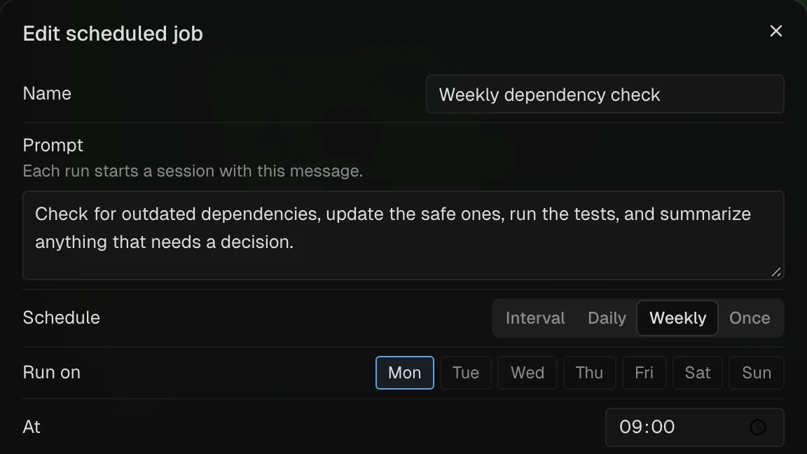The scheduled job editor: a weekly dependency check every Monday at 09:00