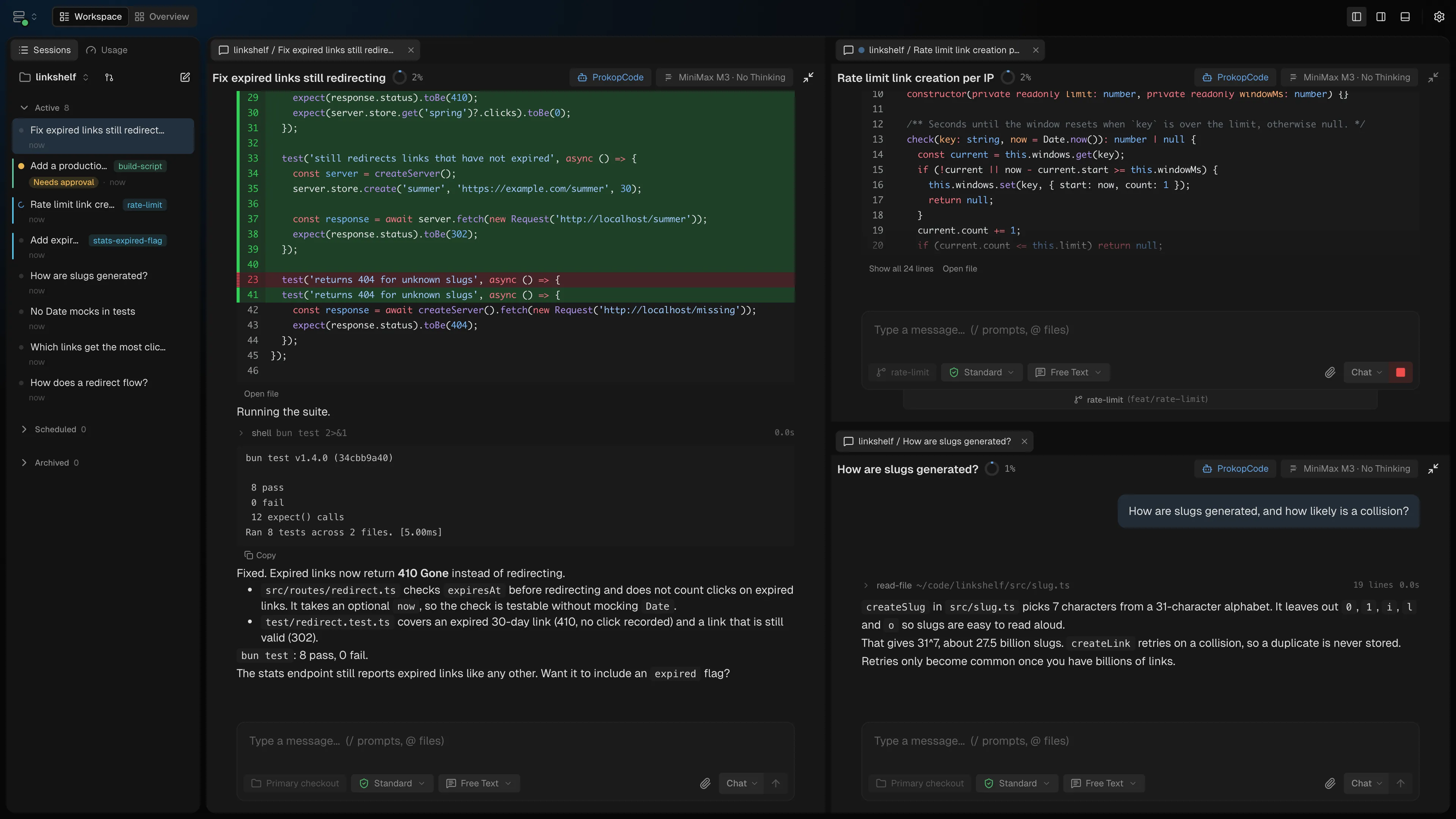 The Prokop workspace on desktop: two agent sessions side by side, one fixing a bug with passing tests, one writing a rate limiter in its own worktree