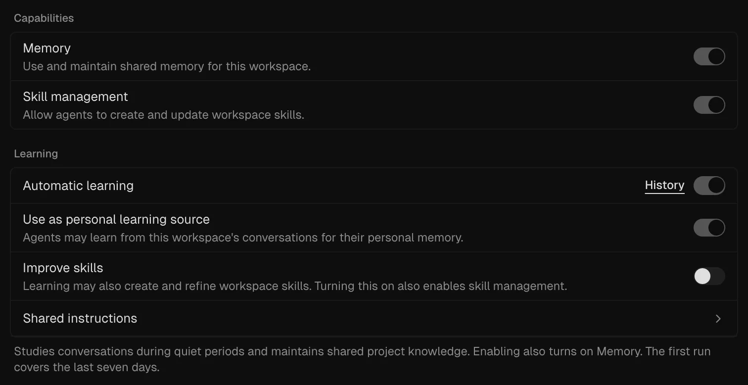 A workspace's Memory & Learning settings with Memory, Skill management, and Automatic learning switched on, and Improve skills still off