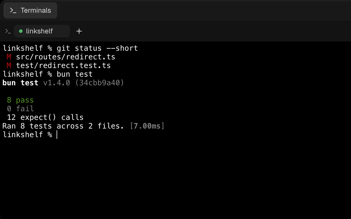 A terminal in the bottom dock showing git status and a passing test run