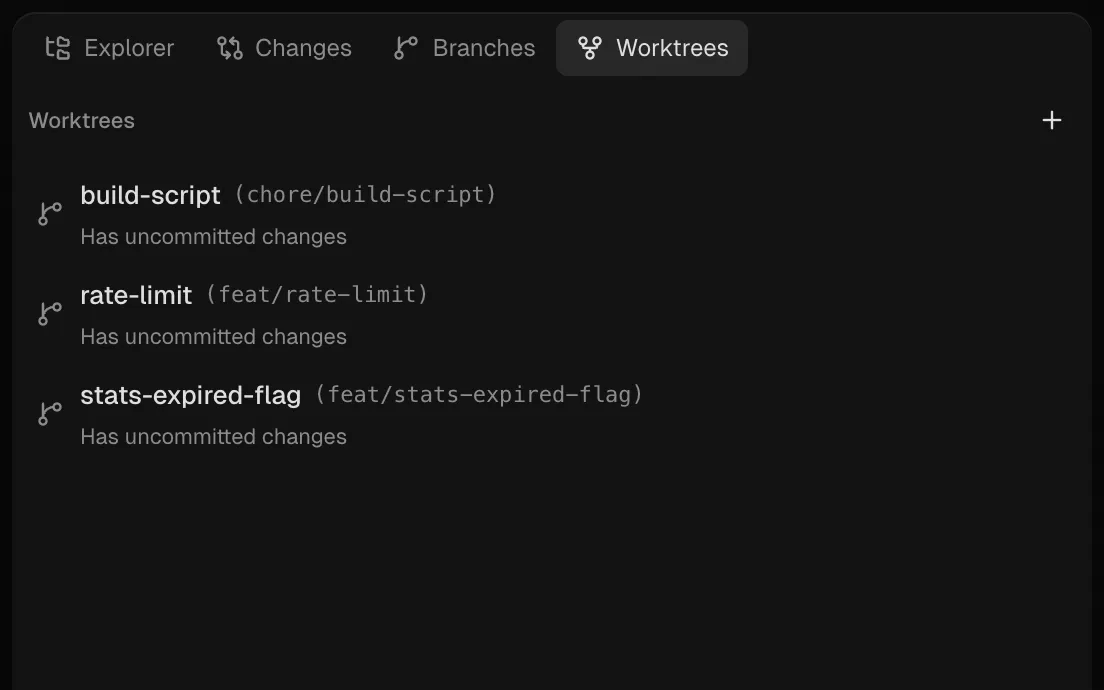 The Worktrees panel listing three worktrees, each with uncommitted changes