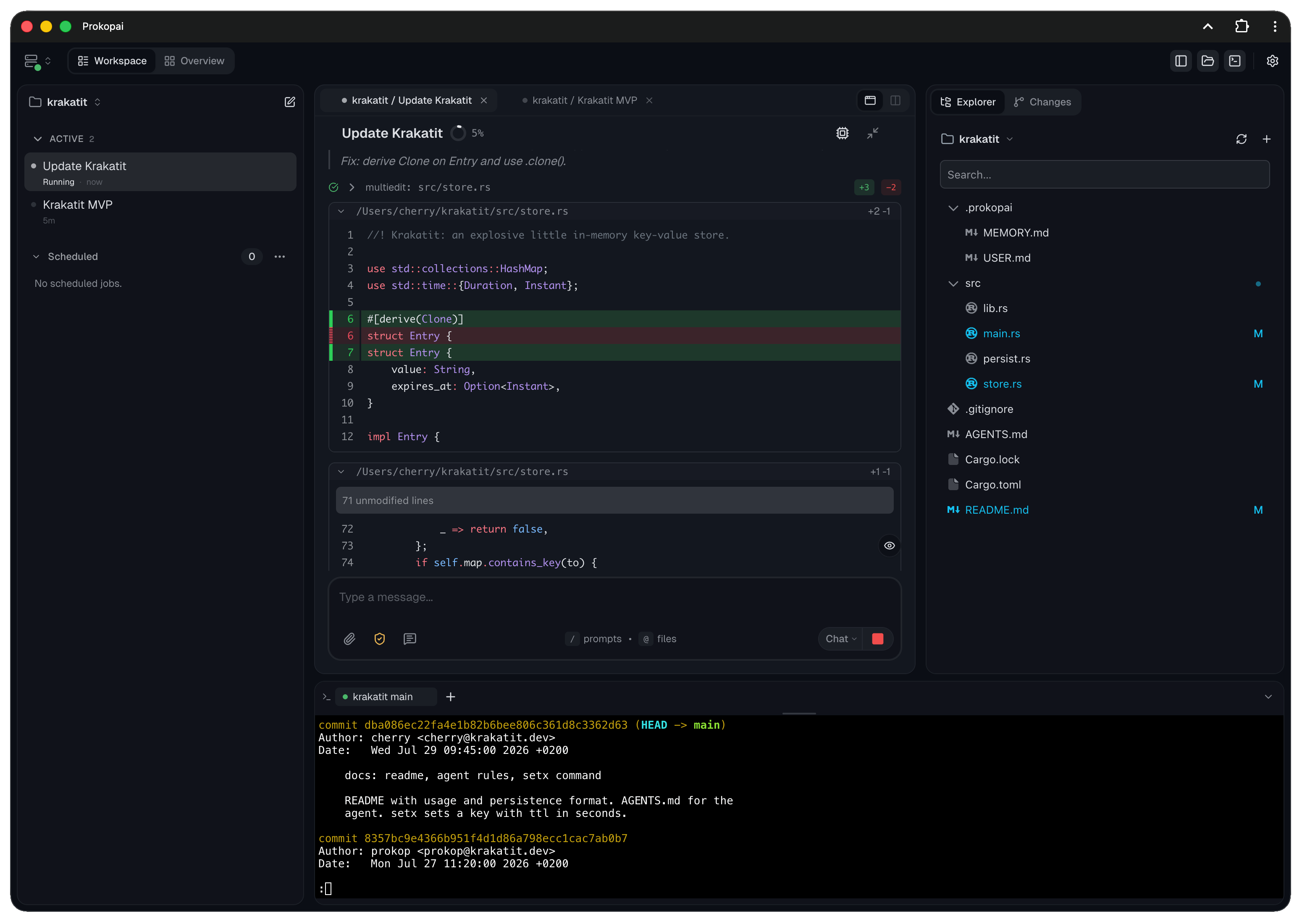The Prokop workspace on desktop: sessions, agent chat with tool activity, and file diffs