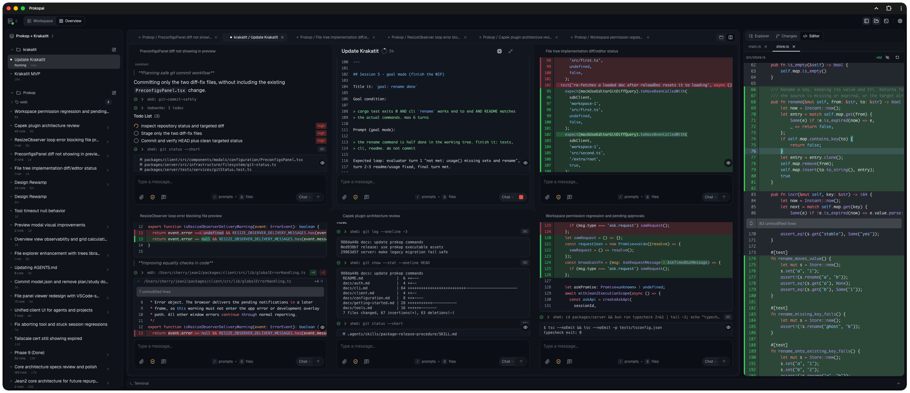 The Prokop board at full size: session panel, six open agent sessions, and the file explorer